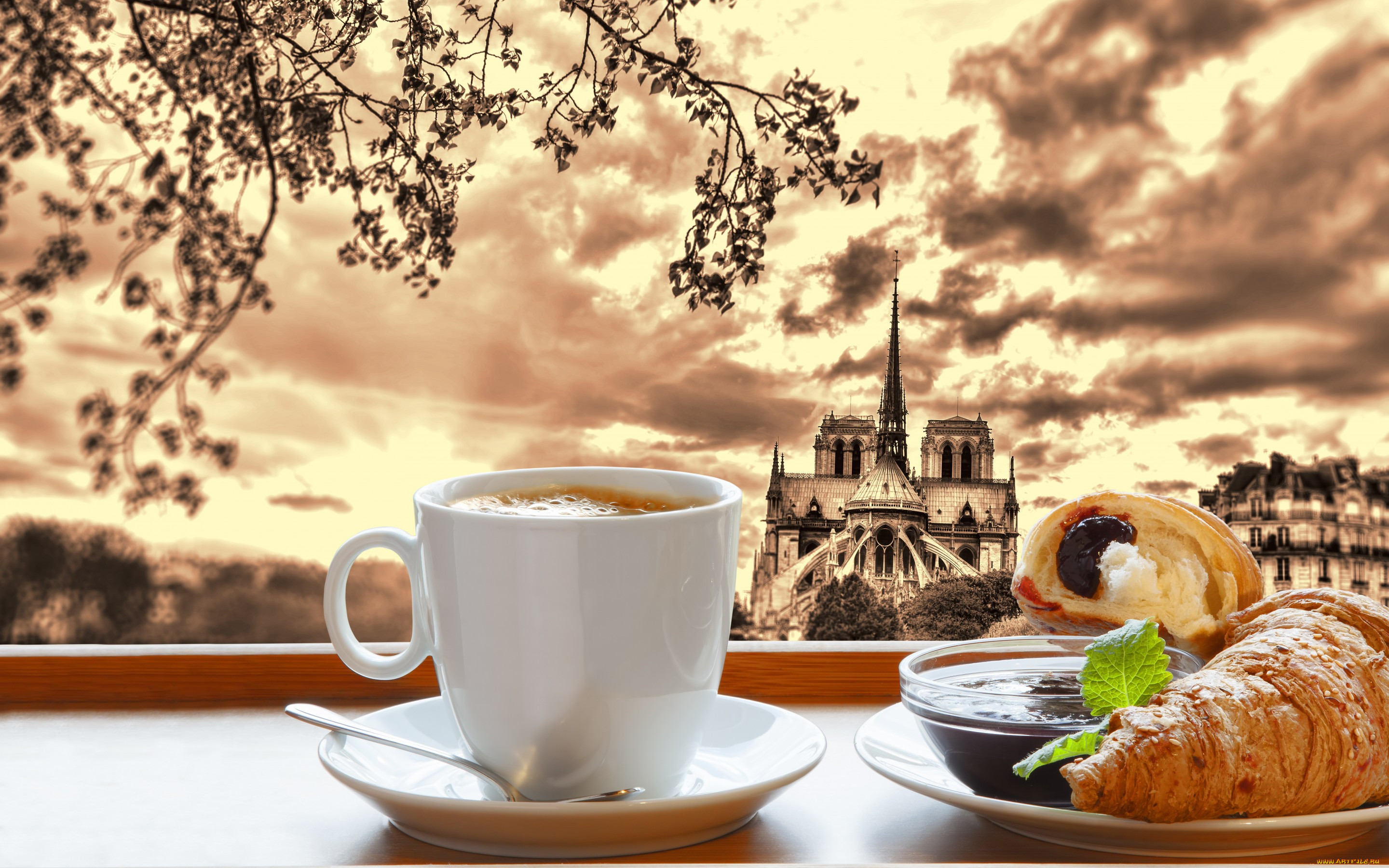 , ,   , croissant, cup, coffee, breakfast, , , , cathedral, notre, dame, france, paris, , 